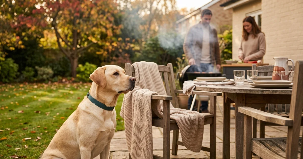 Labrador watching attentively beside a backyard cookout table on a warm autumn afternoon in the Brandywine Valley, a common source of dog foreign body emergencies