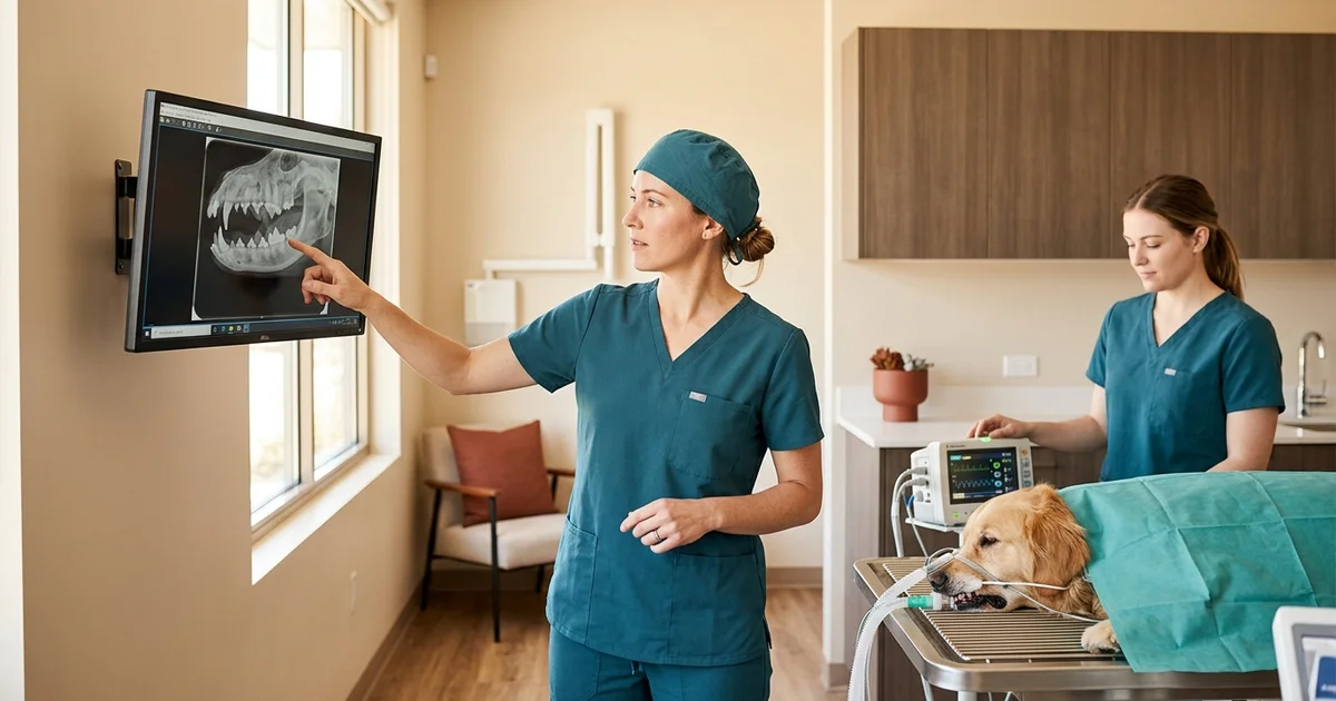 Veterinary surgeon in our Wilmington DE clinic reviewing a digital intraoral dental radiograph during a canine tooth extraction