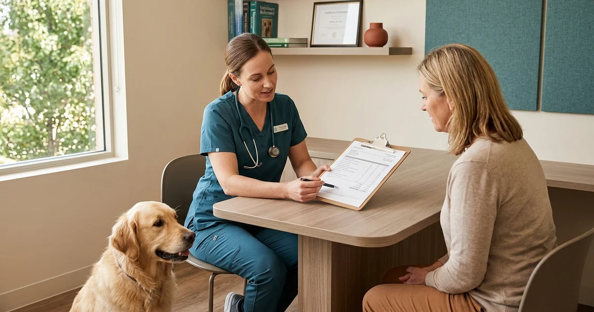 Veterinary surgeon in our Wilmington DE consult room reviewing a written canine surgery cost estimate with a dog owner