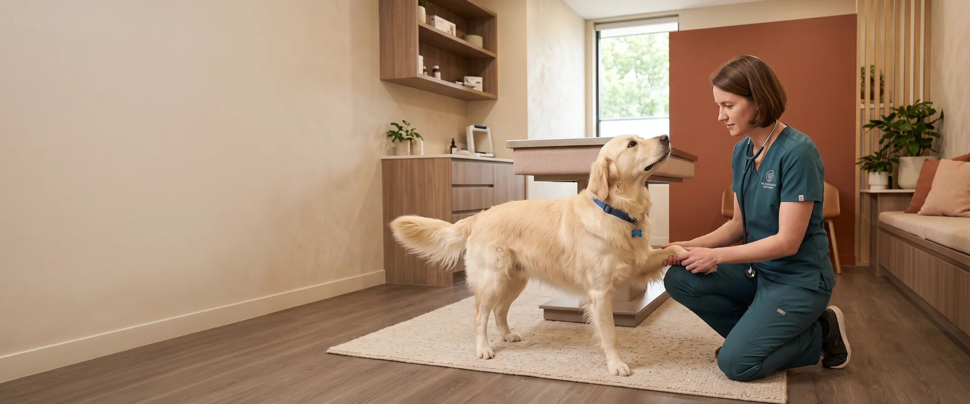 Veterinary surgeon examining a dog in a warm modern clinic consult room in Wilmington, DE for the Brandywine Valley canine surgery network