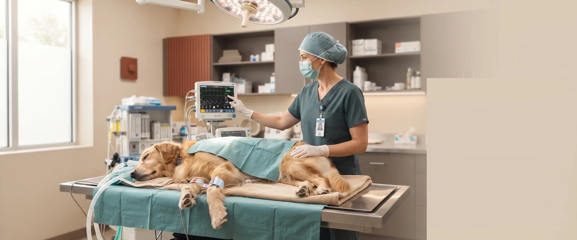 Veterinary surgical suite at a Wilmington DE canine surgery practice with a monitored dog and surgeon checking vital signs before surgery