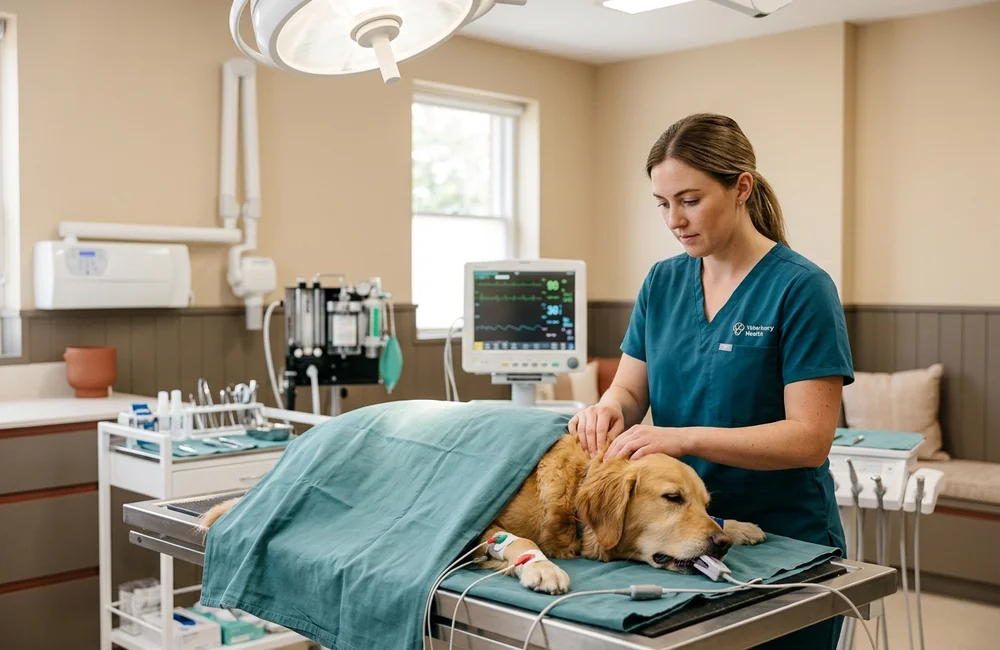 Anesthetised dog on a warmed dental table with SpO2 and ECG monitoring at a Wilmington DE veterinary surgery clinic