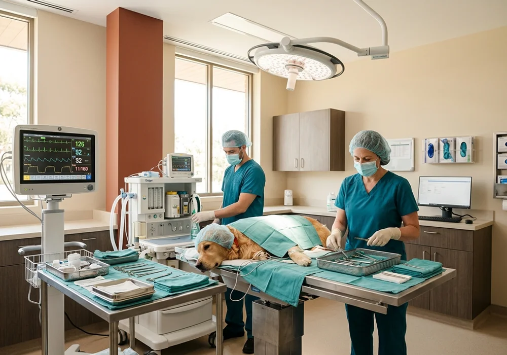 Clean modern veterinary operating suite at a Wilmington DE canine surgery practice with surgical lighting, instrument trays and a multi-parameter monitor