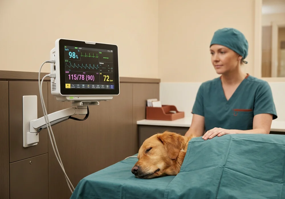 Anesthetic monitor displaying SpO2, ECG and blood pressure during dog surgery at a Brandywine Valley veterinary practice