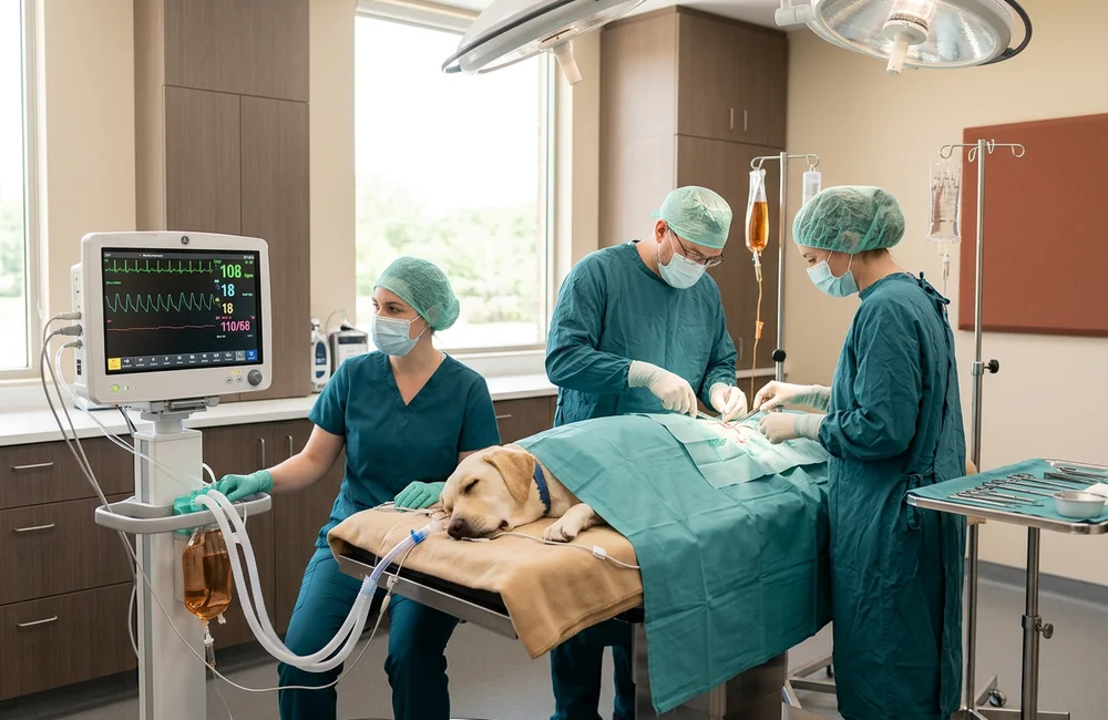 Continuous Lead II ECG trace on an anesthetic monitor during canine splenectomy in Wilmington DE