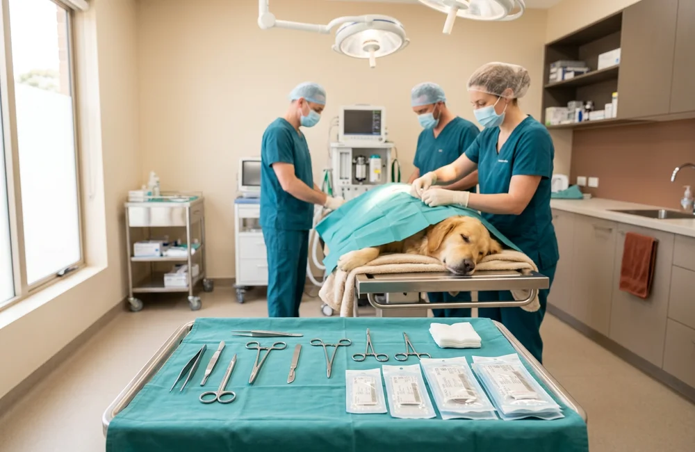 Sterile cystotomy instruments and absorbable suture prepared for canine bladder stone removal in Wilmington