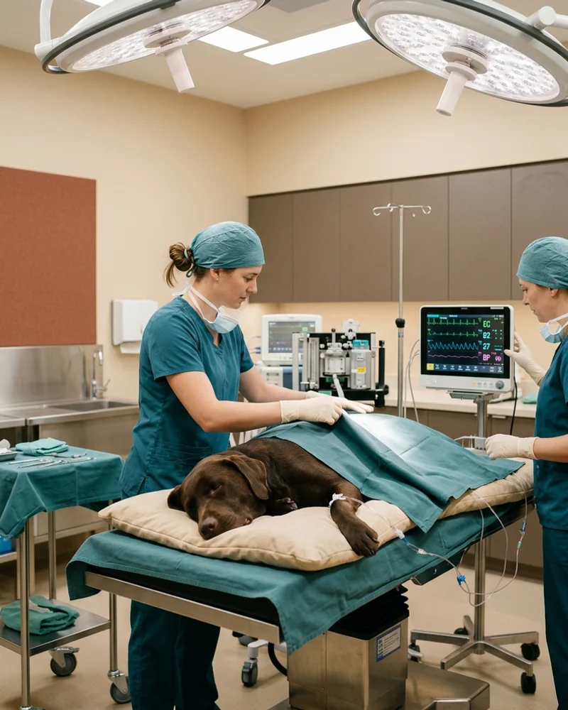 Surgical team in scrubs preparing a sleeping labrador for canine surgery beside a multi-parameter vital sign monitor at a Wilmington DE veterinary practice