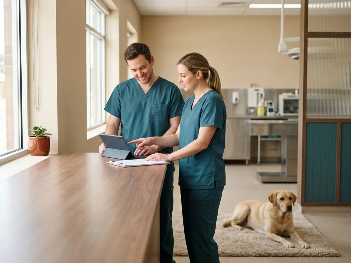 Two veterinary surgeons in scrubs reviewing a canine surgery plan together with a calm labrador nearby at a Wilmington DE veterinary practice
