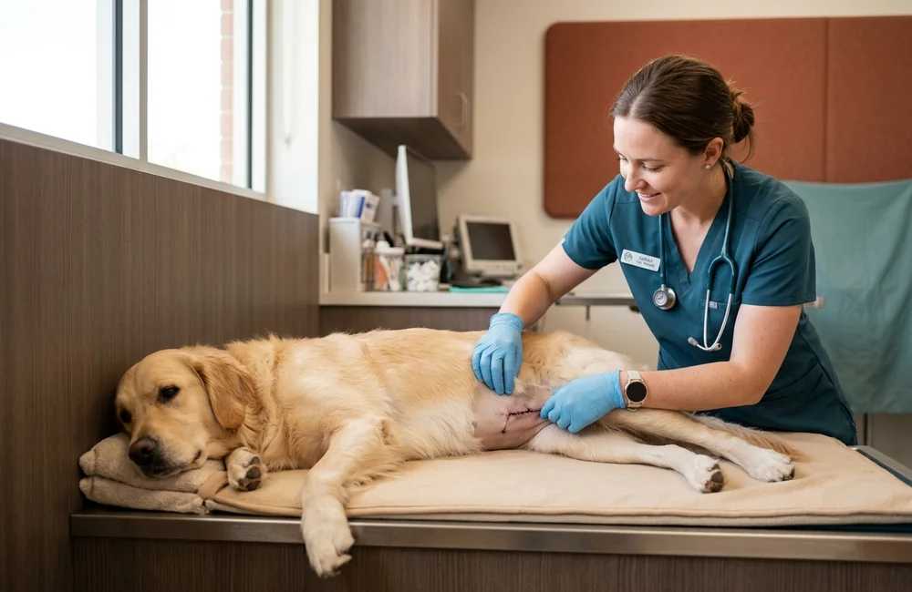 Veterinary nurse checking a healing mass removal incision on a retriever at a Wilmington DE follow-up visit
