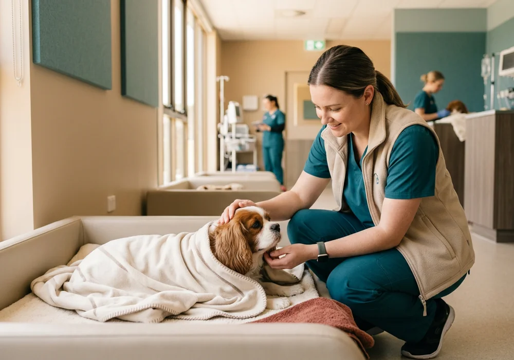 Veterinary nurse comforting a recovering spaniel wrapped in a soft blanket in a warm recovery ward at a Wilmington DE canine surgery practice