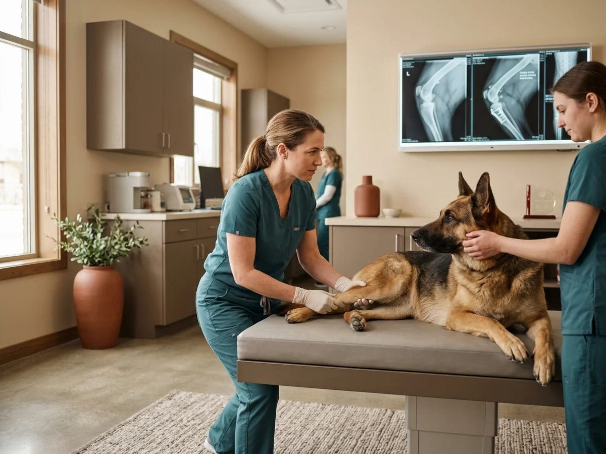 Brandywine Valley Dog Surgery orthopedic surgeon examining a dog's injured limb for fracture repair in Wilmington DE