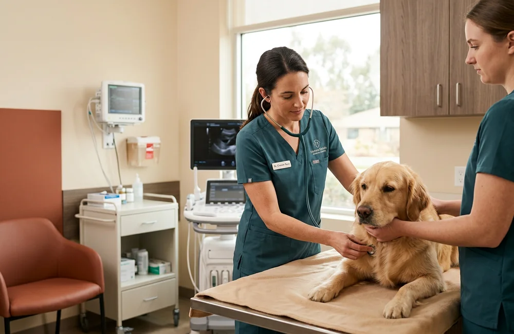 Brandywine Valley veterinary surgeon examining a dog with pyometra symptoms during an urgent consultation in Wilmington