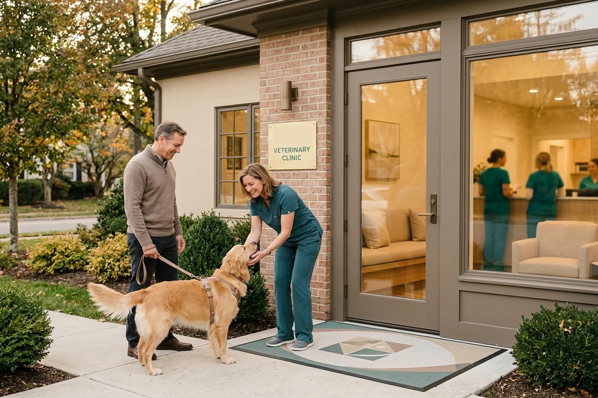 Veterinary surgeon greeting a dog owner and their retriever outside a canine surgery clinic in a leafy Brandywine Valley street near Wilmington DE