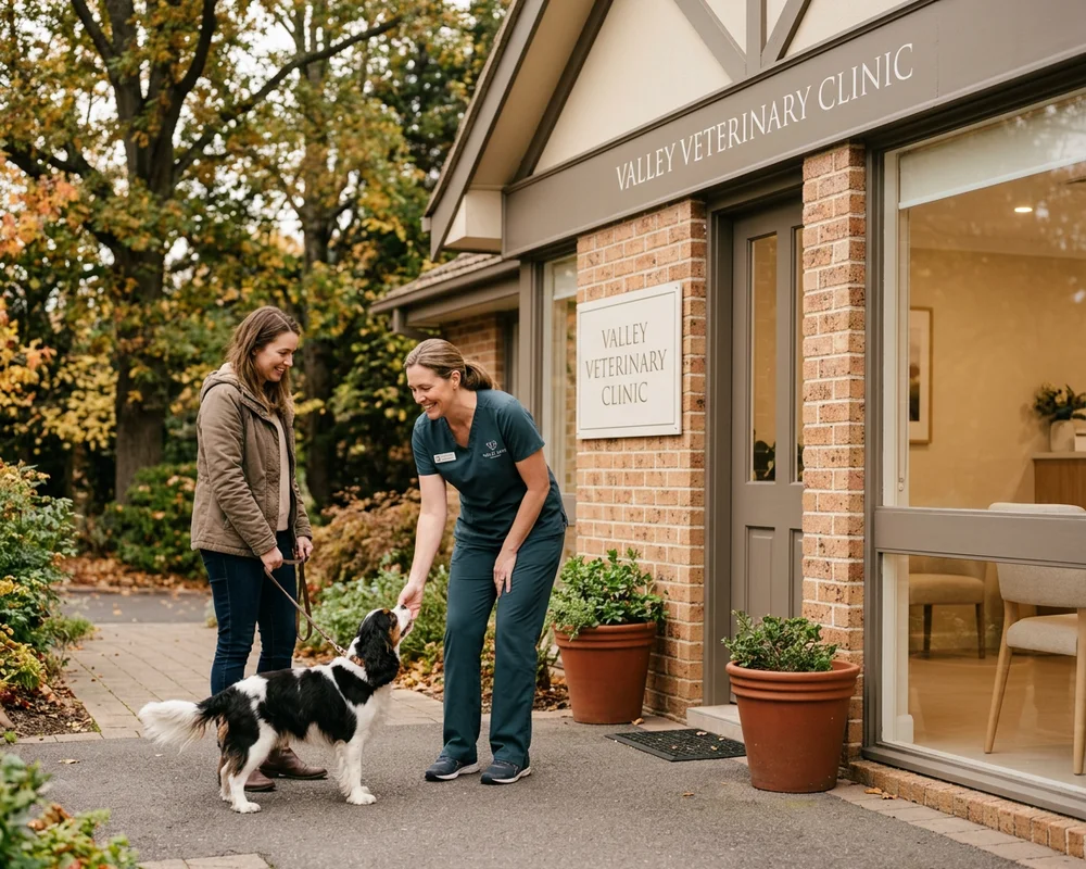 Veterinary surgeon greeting a dog owner and spaniel outside a clinic in Greenville near Wilmington DE