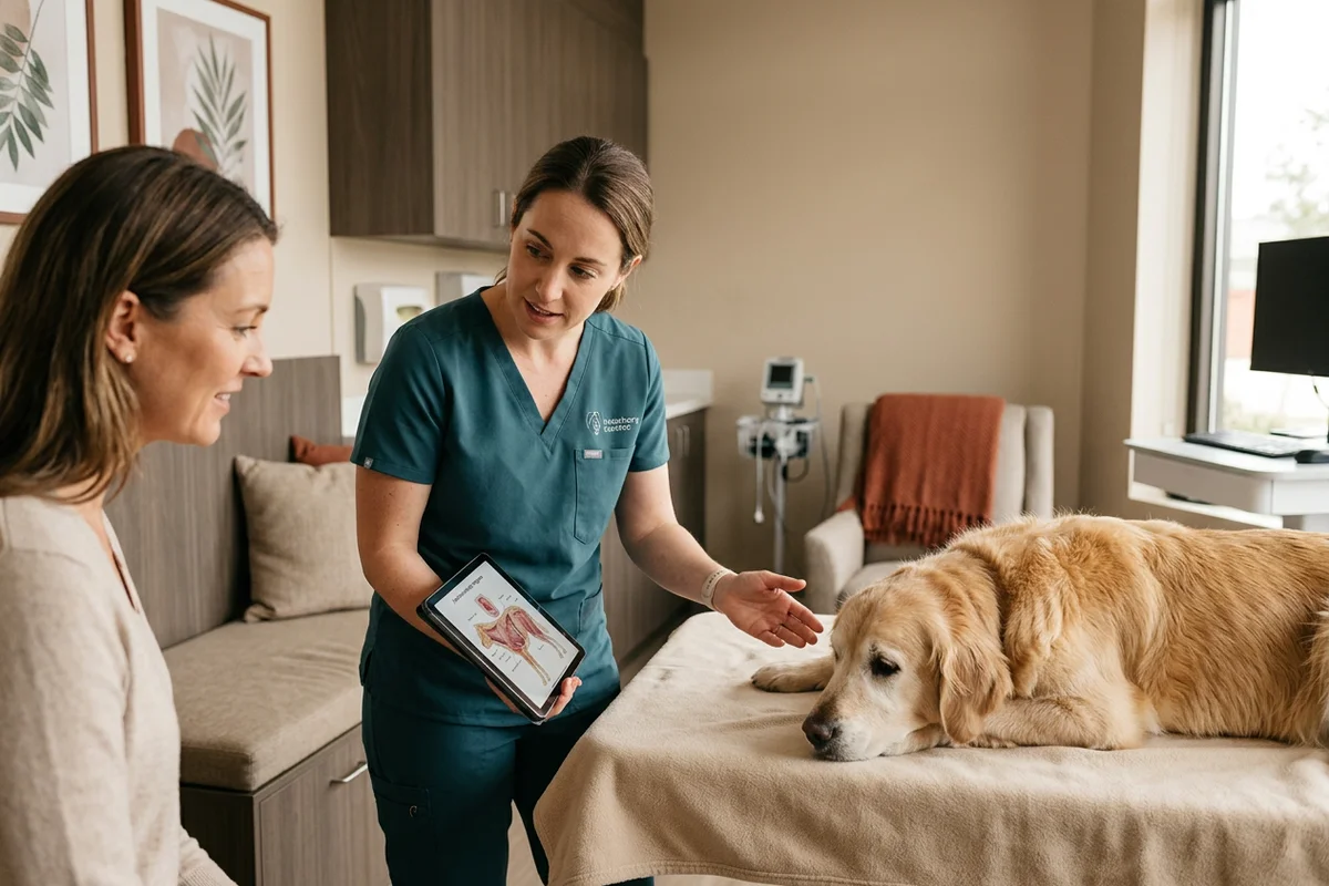 Veterinary surgeon explaining a canine surgery procedure to a dog owner with a calm retriever resting beside them at a Wilmington DE veterinary practice