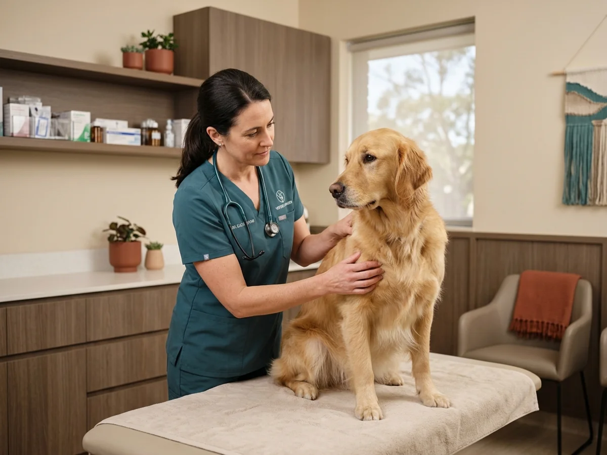 Veterinary surgeon in Wilmington DE examining a lump on the shoulder of a calm golden retriever before canine mass removal surgery