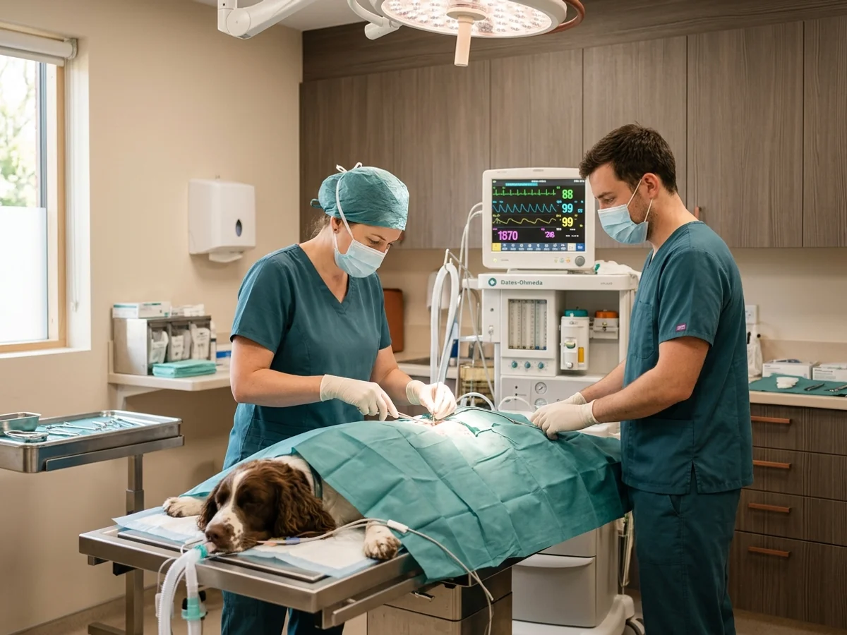Veterinary surgeon in Wilmington DE performing canine cystotomy (bladder stone surgery) on a monitored sleeping spaniel