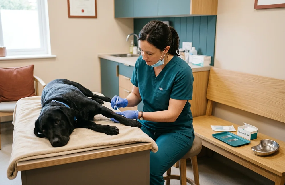 Brandywine Valley veterinarian performing a fine-needle aspirate on a labrador before mass removal in Wilmington DE