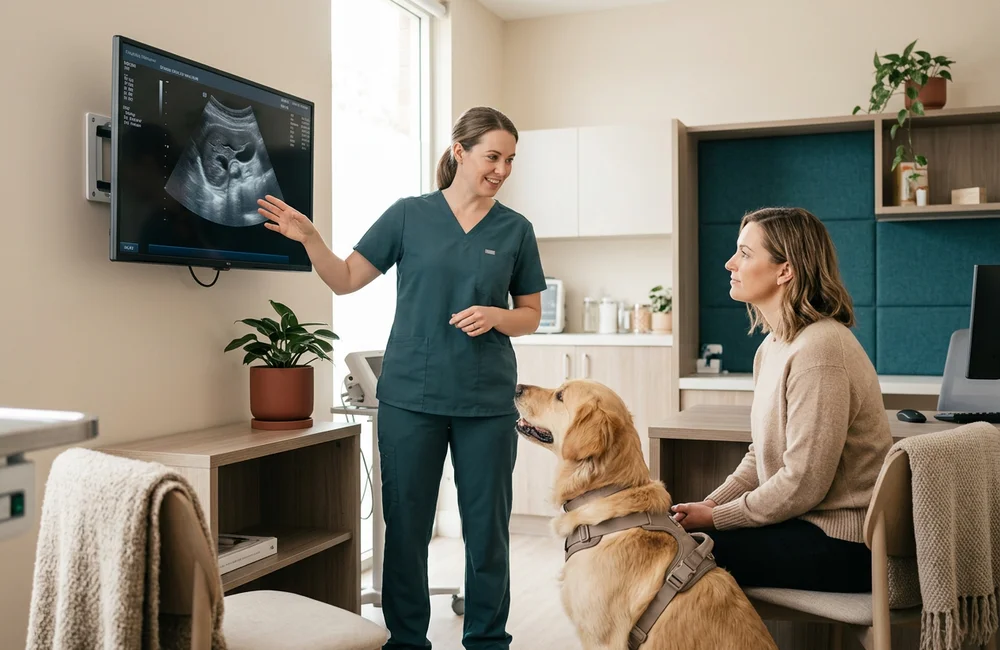 Brandywine Valley veterinarian reviewing a splenic ultrasound with a dog owner before splenectomy