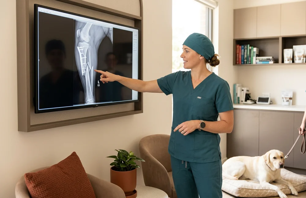 Veterinary surgeon reviewing a dog fracture radiograph at the Wilmington DE surgical clinic