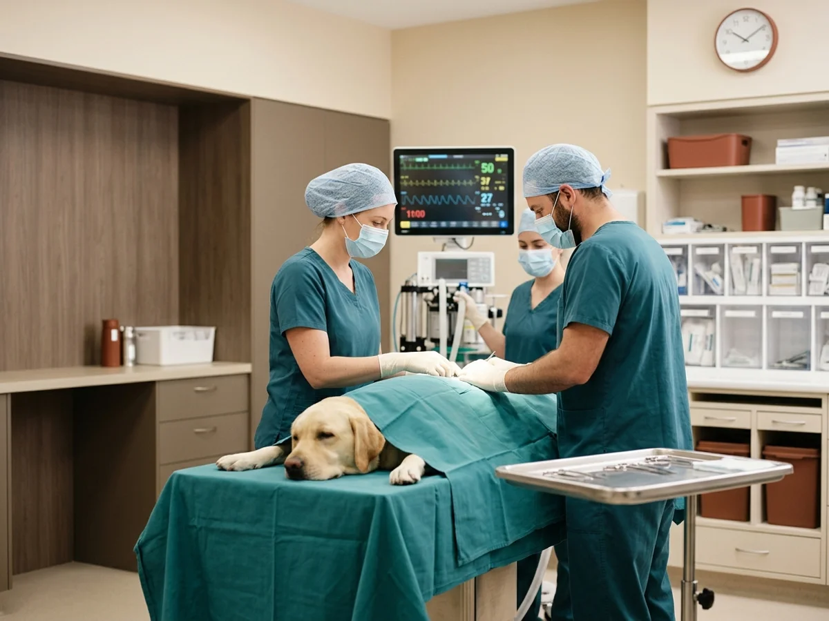 Veterinary surgical team in Wilmington DE around a monitored sleeping labrador during urgent canine foreign body removal surgery