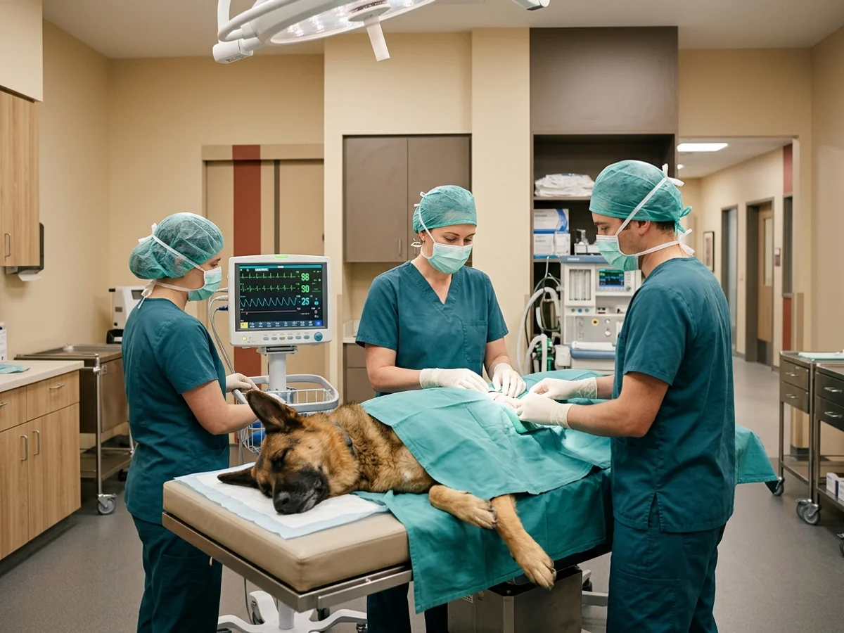 Veterinary surgical team in Wilmington DE performing canine splenectomy on a monitored sleeping shepherd