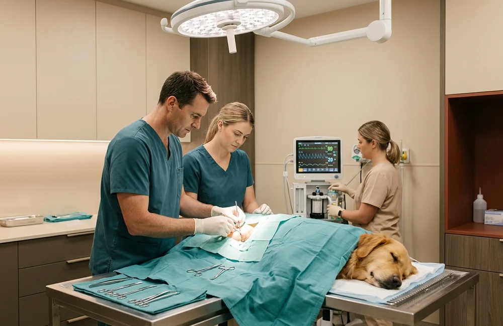 Brandywine Valley surgical team performing a dog fracture repair procedure under full monitoring