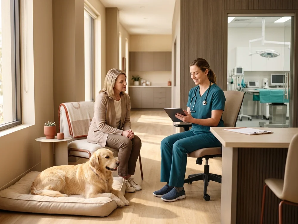 Veterinary surgeon explaining a canine surgery treatment plan to a dog owner near Wilmington, DE for the Brandywine Valley dog surgery network